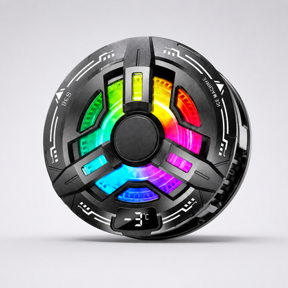 Magnetic RGB phone cooler with digital temperature display, circular cooling fan design, and premium gaming aesthetic.