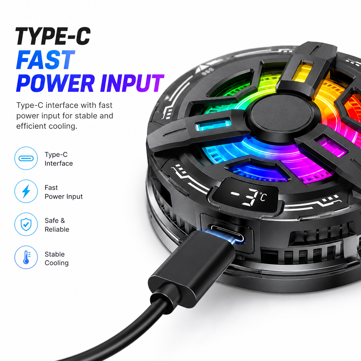 Magnetic phone cooler with RGB lighting, digital temperature display, and Type-C fast power input connected via USB-C cable.