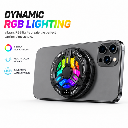 RGB magnetic phone cooler attached to the back of a smartphone, featuring vibrant lighting effects and digital temperature display.