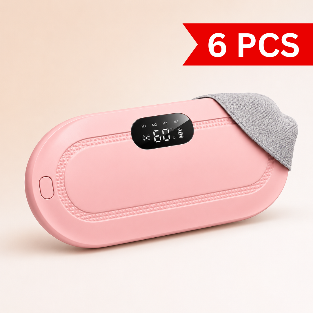 Pink rechargeable heating massager with soft fabric pocket, digital temperature display and compact portable design for warmth and comfort.