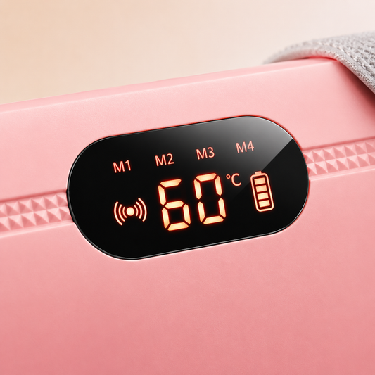 Digital LED display on period relief heating massager showing temperature, battery level and multiple massage modes for personalized comfort.