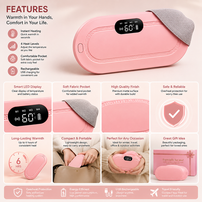 Rechargeable period relief massager with 4 heat levels, LED display, soft fabric hand pocket, USB charging, overheat protection and portable design.