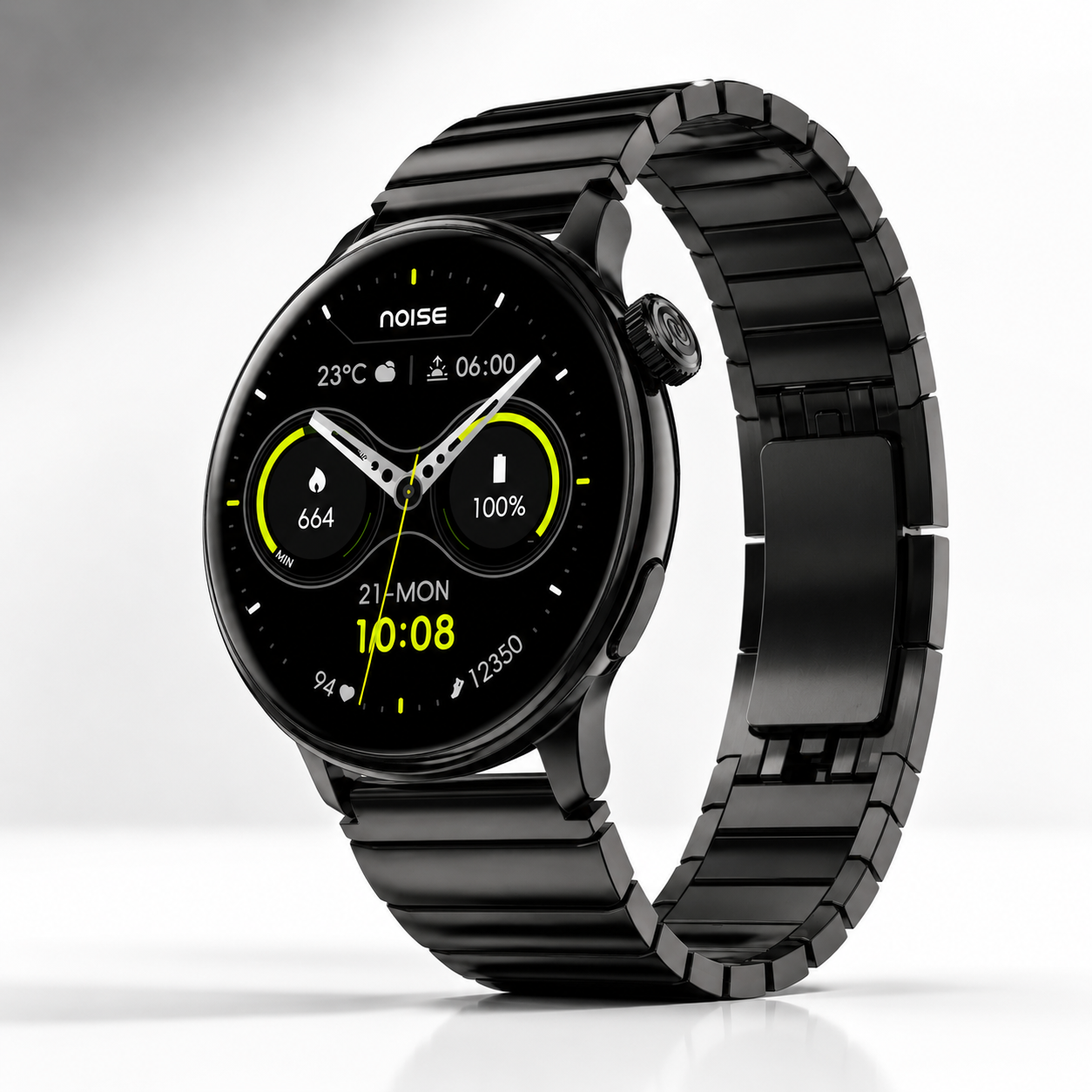 Close-up macro view of the round AMOLED smartwatch display featuring crisp graphics, bright fitness widgets, glossy curved glass and precision black metal construction.