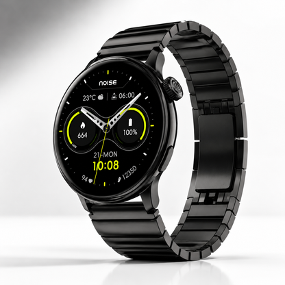 Close-up macro view of the round AMOLED smartwatch display featuring crisp graphics, bright fitness widgets, glossy curved glass and precision black metal construction.