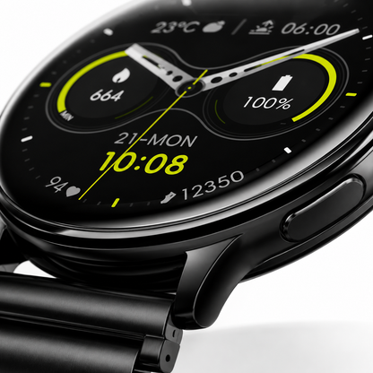 Premium round AMOLED smartwatch with a black metal bracelet, vibrant always-on display showing fitness metrics, polished black metal case and modern luxury design
