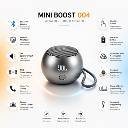 Feature infographic of the Mini Boost 004 metal Bluetooth speaker highlighting Bluetooth wireless connectivity, 3W speaker output, aluminium alloy body, TWS pairing, hands-free calling, remote camera shutter, one-key control, 400mAh battery, compact pocket-sized design, and integrated lanyard.