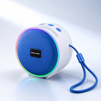 Portable RGB Bluetooth speaker with colourful LED lighting, blue front grille, integrated carry strap, rechargeable battery and compact design for indoor and outdoor music playback.