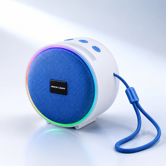 Portable RGB Bluetooth speaker with colourful LED lighting, blue front grille, integrated carry strap, rechargeable battery and compact design for indoor and outdoor music playback.