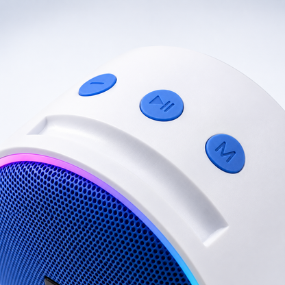 Close-up of the portable wireless speaker's top control panel with play/pause, mode and volume buttons for easy music playback and audio control.