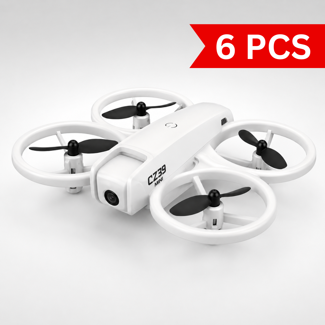 Compact white mini camera drone with protective propeller guards, front camera and lightweight design for indoor and outdoor flying.