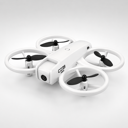 Compact white mini camera drone with protective propeller guards, front camera and lightweight design for indoor and outdoor flying.