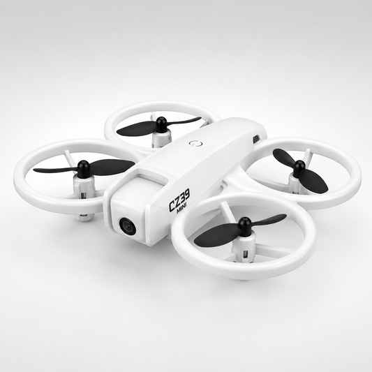 Compact white mini camera drone with protective propeller guards, front camera and lightweight design for indoor and outdoor flying.