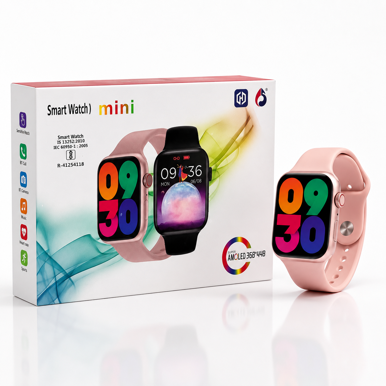 Compact AMOLED smartwatch with a pink silicone strap displayed beside its retail packaging on a clean white studio background, showcasing Bluetooth calling, fitness tracking and premium presentation.