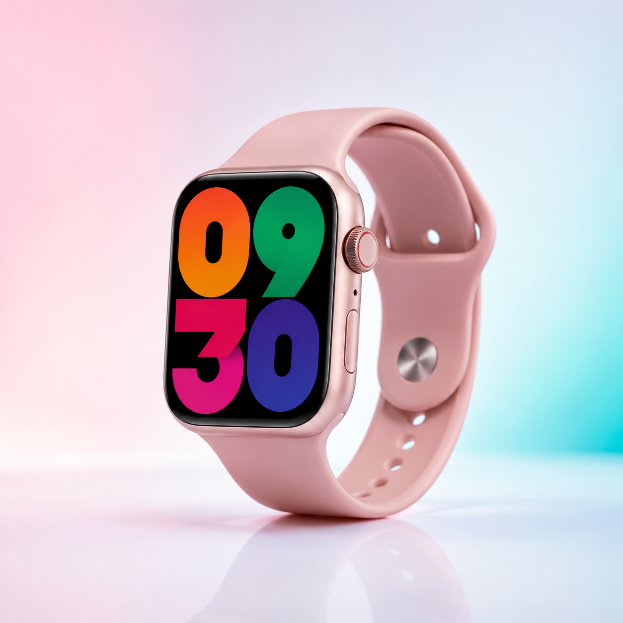 Compact AMOLED smartwatch featuring a full-screen display, pink metallic case and soft pink silicone strap on a modern pastel gradient background, ideal for everyday wear and fitness tracking.