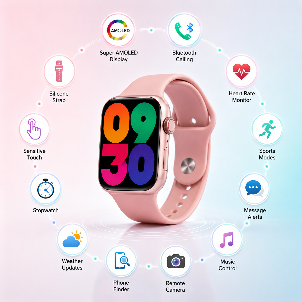 Premium compact smartwatch with a vibrant AMOLED display and pink silicone strap, surrounded by icons highlighting Bluetooth calling, heart rate monitoring, sports modes, message alerts, music control, remote camera, phone finder, weather updates, stopwatch and sensitive touch.