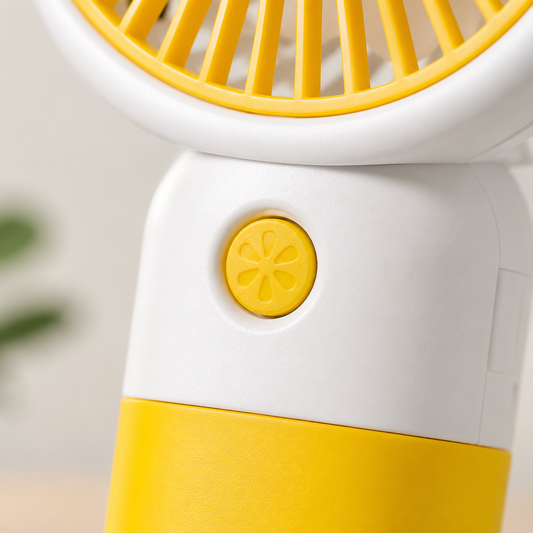 Close Up View of Mini Handheld Fan Power Button and Portable Cooling Design