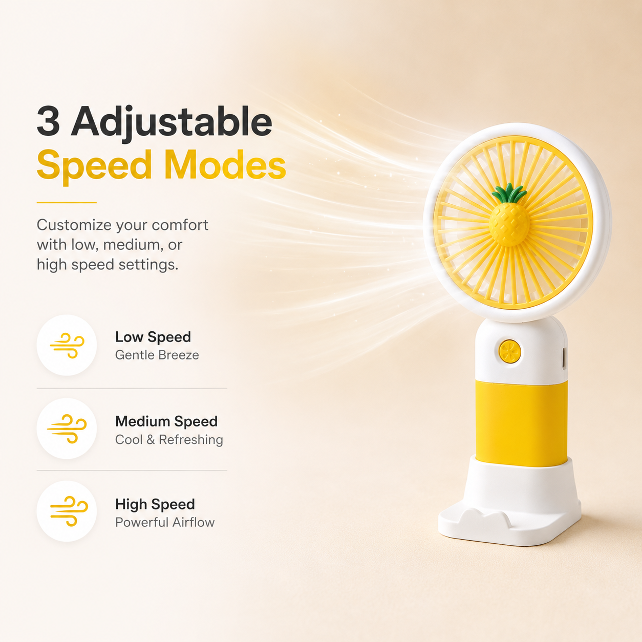 Portable Cooling Fan with 3 Adjustable Speed Modes and USB Rechargeable Battery