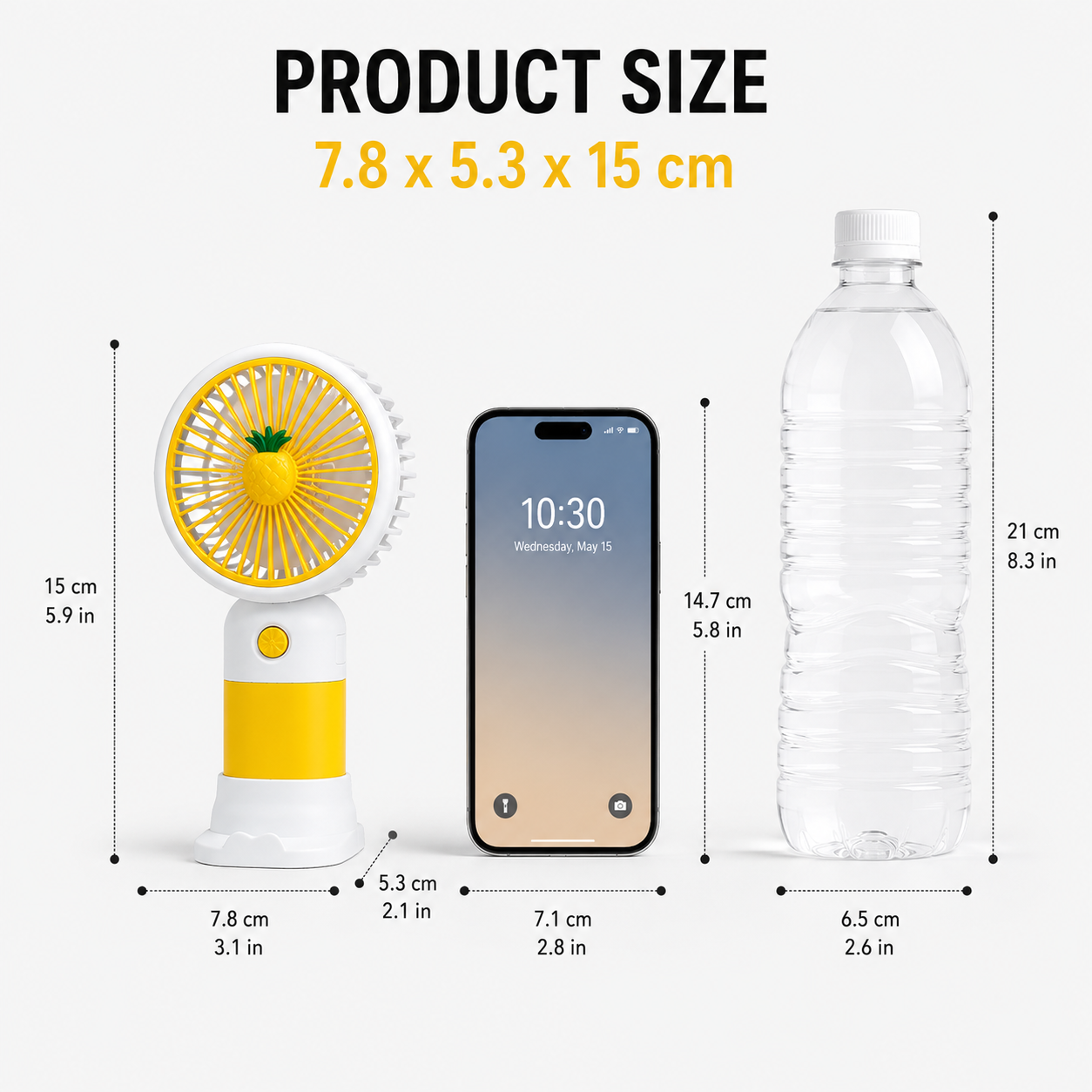 Mini Handheld Fan Size Comparison with Smartphone and Water Bottle for Travel