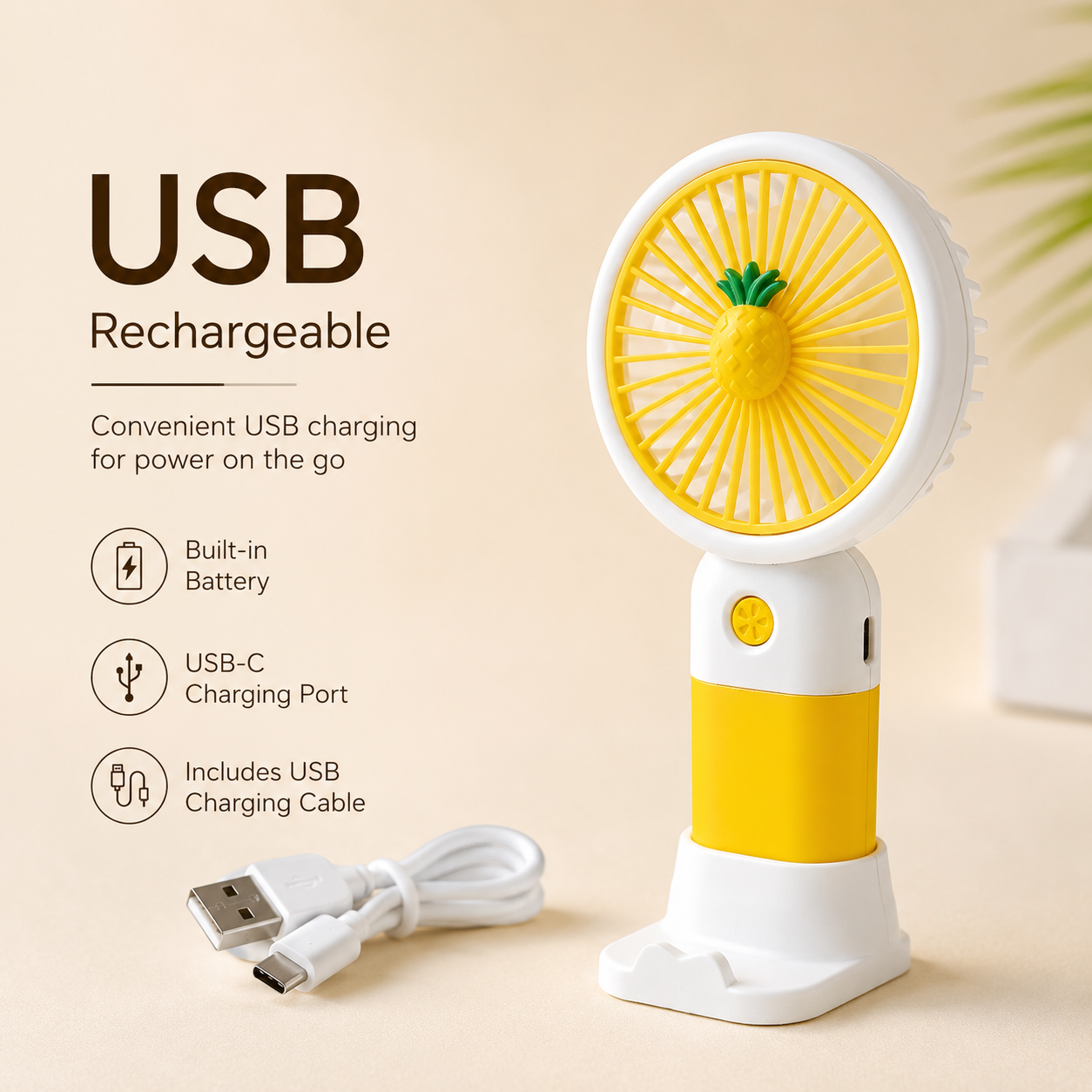USB Rechargeable Mini Handheld Fan with Charging Cable and Built In Battery