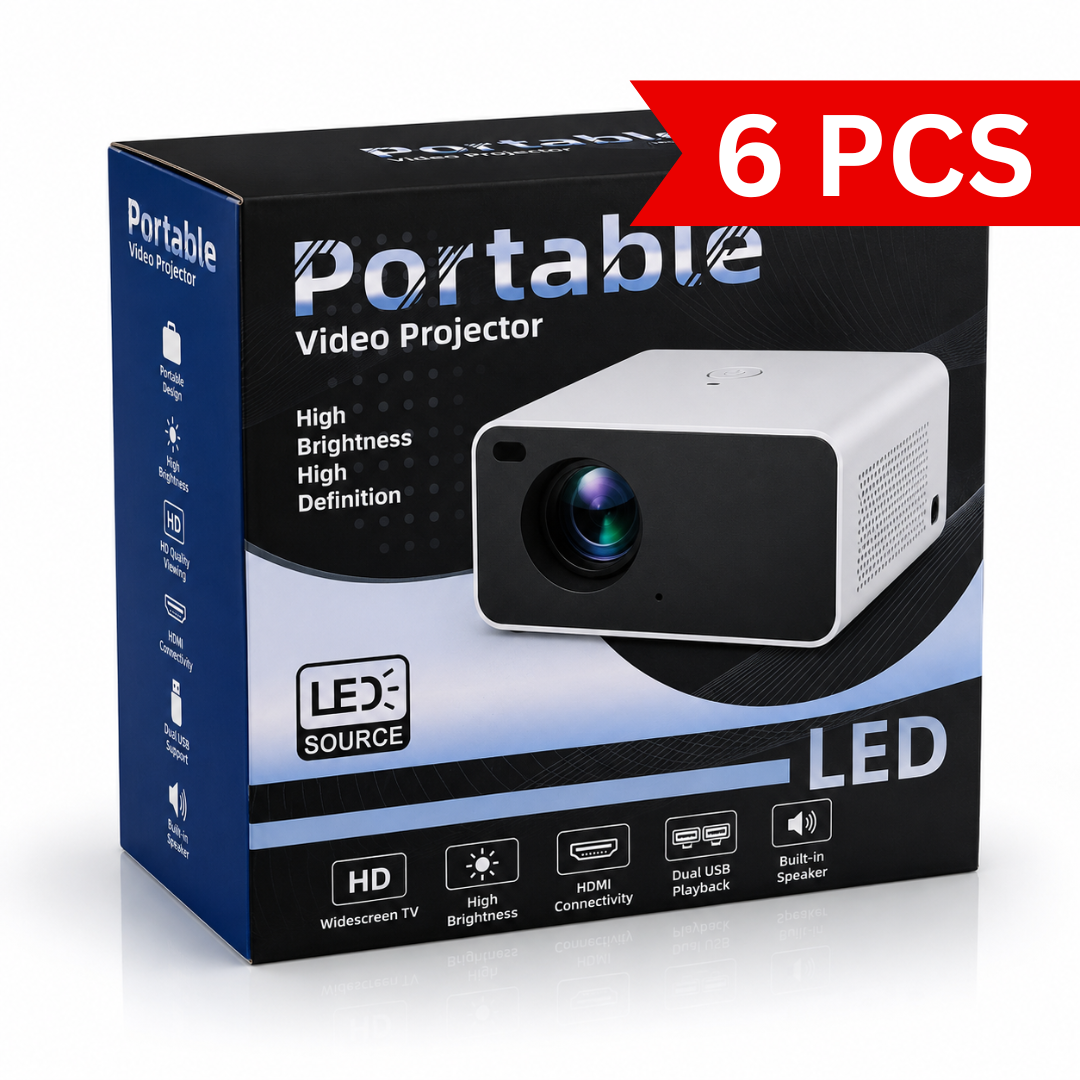 Portable LED video projector retail box featuring HD viewing, LED light source, HDMI connectivity, dual USB playback, built-in speaker, and compact portable design.