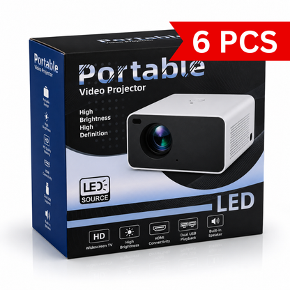 Portable LED video projector retail box featuring HD viewing, LED light source, HDMI connectivity, dual USB playback, built-in speaker, and compact portable design.
