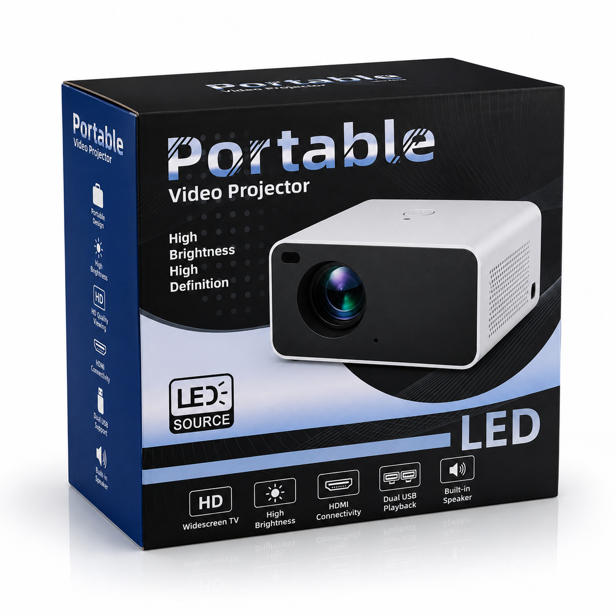 Portable LED video projector retail box featuring HD viewing, LED light source, HDMI connectivity, dual USB playback, built-in speaker, and compact portable design.