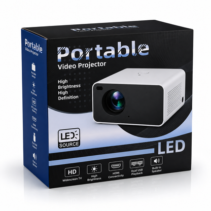 Portable LED video projector retail box featuring HD viewing, LED light source, HDMI connectivity, dual USB playback, built-in speaker, and compact portable design.