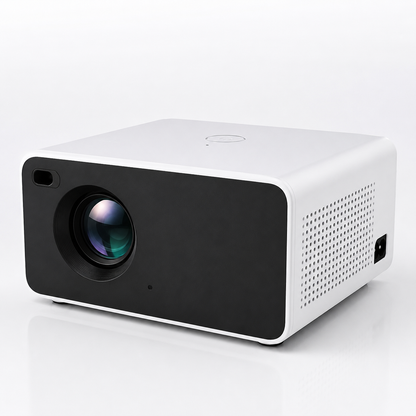 Premium white portable LED projector with compact minimalist design, large projection lens, built-in speaker, and modern home entertainment styling