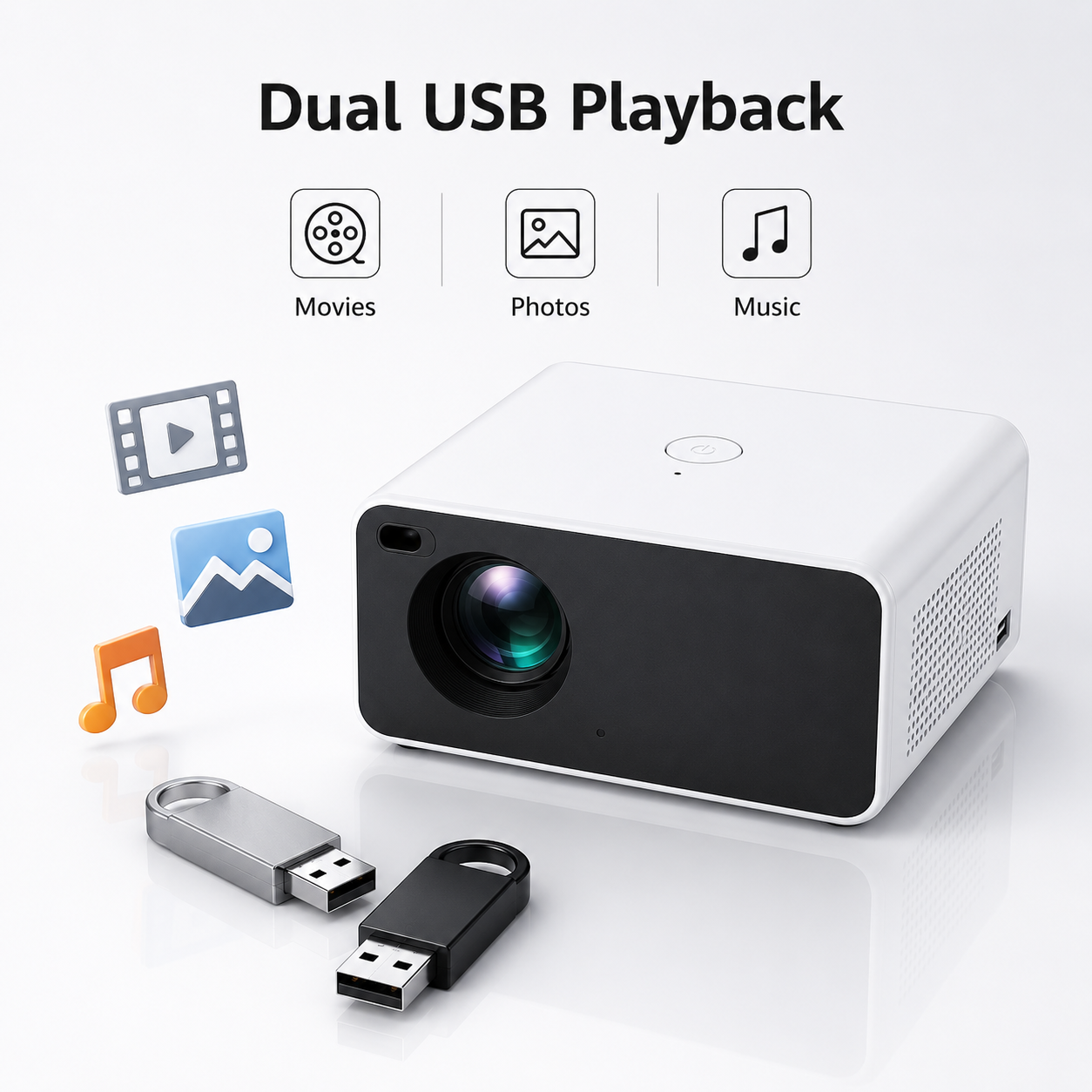 Portable LED projector supporting dual USB playback for movies, photos, and music, with USB flash drives displayed beside the projector for multimedia entertainment.