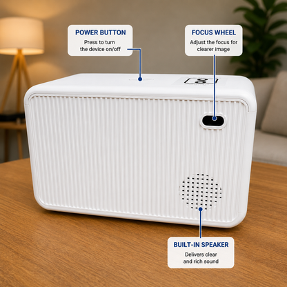 Rear view of a compact portable LED projector highlighting the top power button, manual focus wheel, and built-in speaker. Modern white projector designed for easy home cinema setup.