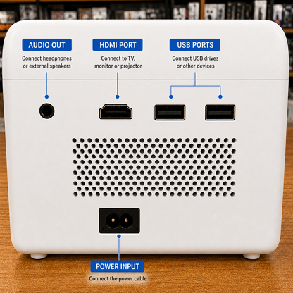 Back panel of a portable LED projector showing HDMI port, dual USB ports, 3.5mm audio output, AC power input, and rear ventilation for convenient multimedia connectivity.