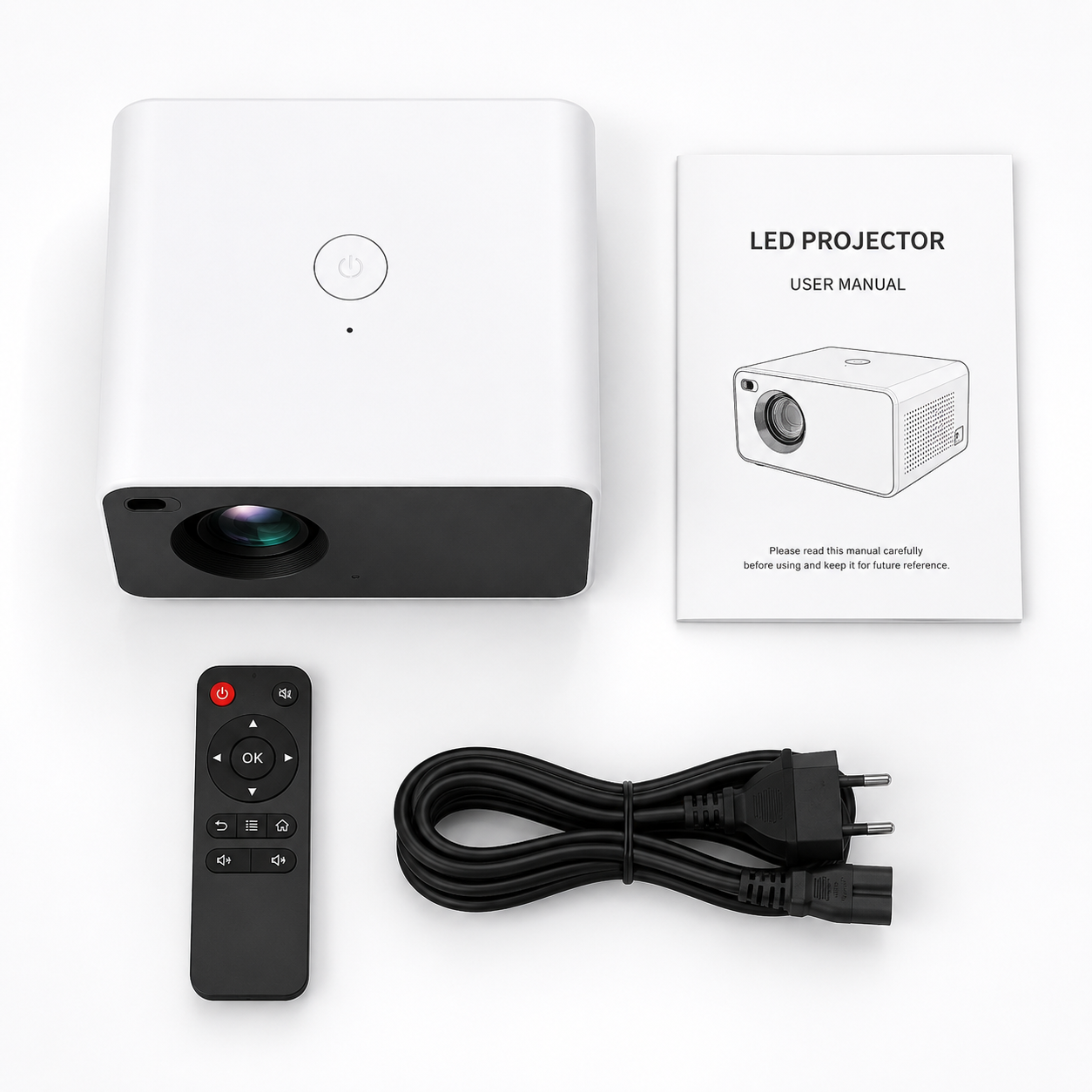 Complete portable LED projector package including projector, remote control, AC power cable, and user manual neatly arranged on a white background for ecommerce product display.