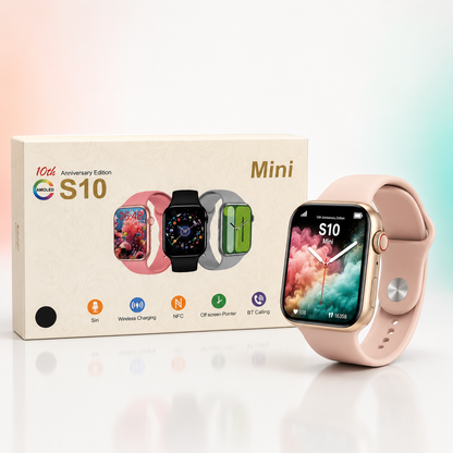 S10 Mini AMOLED smartwatch in rose gold with a soft pink silicone strap displayed beside its retail box, showcasing Bluetooth calling, wireless charging, NFC, Siri voice assistant, and compact mini design