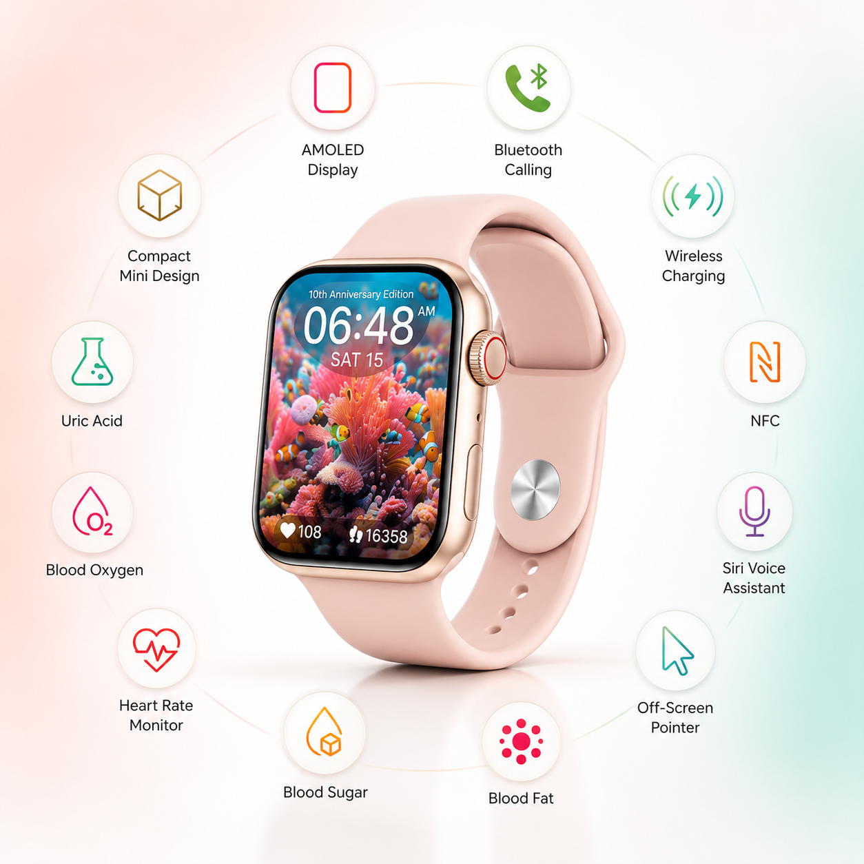 Compact S10 Mini AMOLED smartwatch with a pink silicone strap featuring Bluetooth calling, wireless charging, NFC, Siri voice assistant, off-screen pointer, heart rate, blood oxygen, blood sugar, blood fat, uric acid monitoring, and AMOLED display highlighted around the watch.