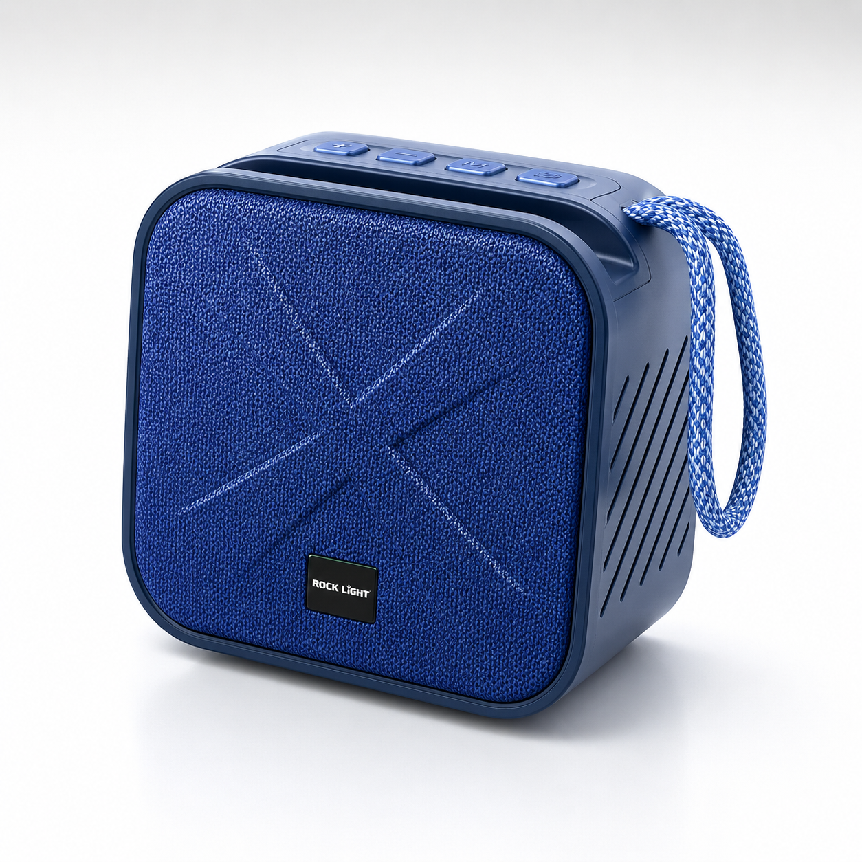 Portable Bluetooth wireless speaker in blue color with textured fabric front grille, integrated carry strap, top-mounted control buttons, compact square design, and modern portable audio styling
