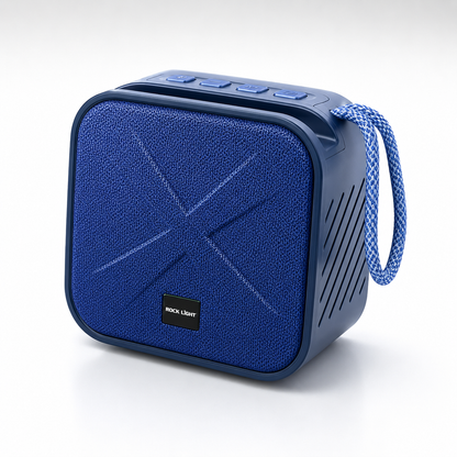 Portable Bluetooth wireless speaker in blue color with textured fabric front grille, integrated carry strap, top-mounted control buttons, compact square design, and modern portable audio styling