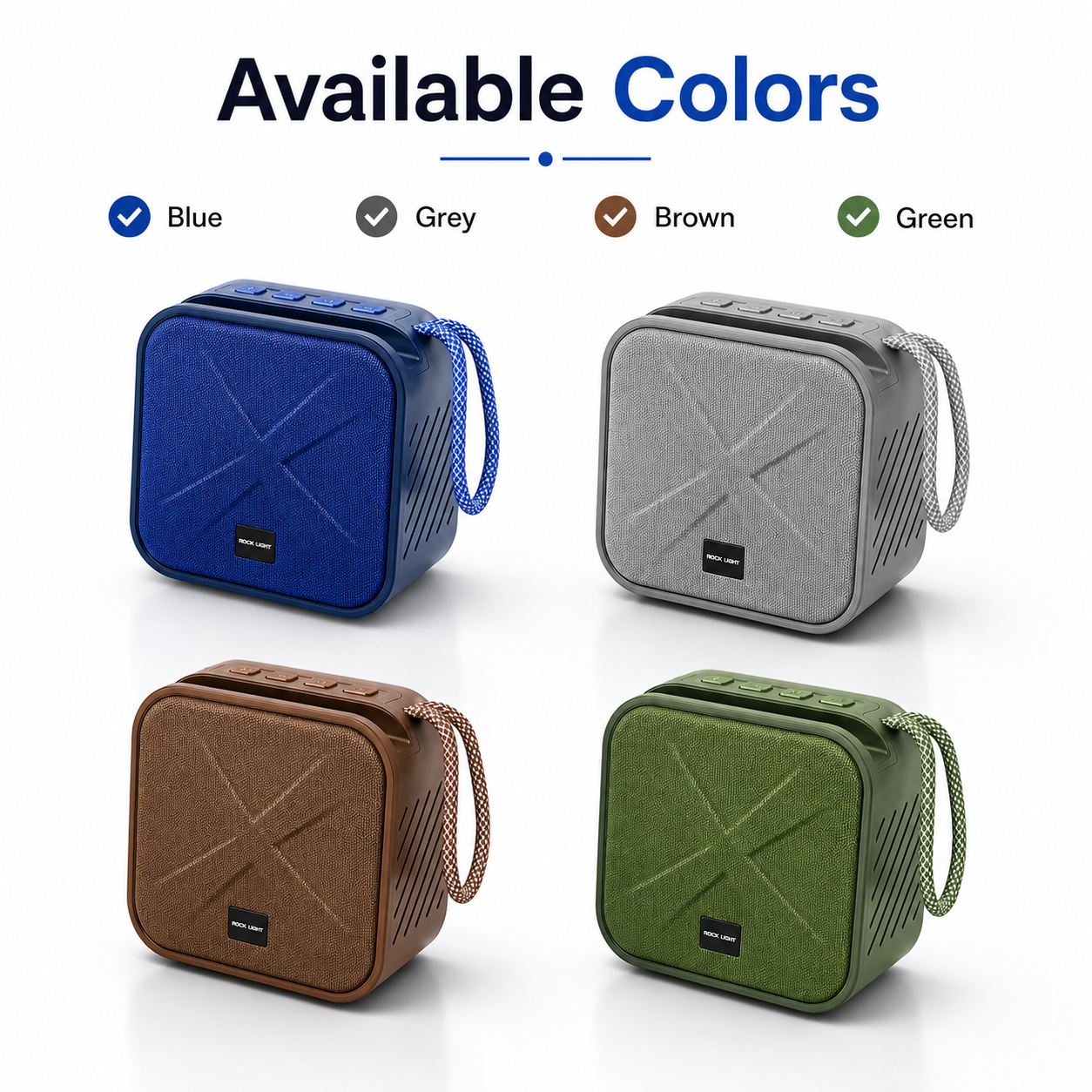 Portable Bluetooth speaker available in four colors including blue, grey, brown, and green, featuring fabric front grille, integrated carry strap, compact design, and top control buttons.
