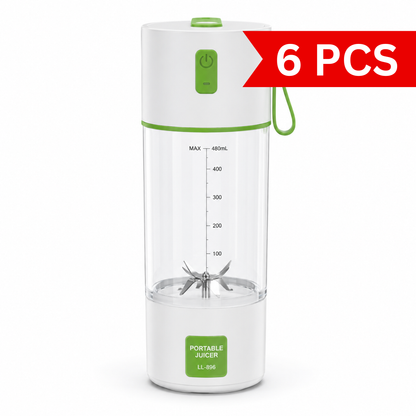 Portable USB rechargeable juicer blender with 480ml transparent blending cup, six stainless steel blades, white body with green accents, and carrying loop