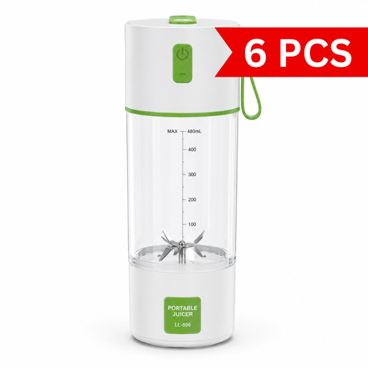Portable USB rechargeable juicer blender with 480ml transparent blending cup, six stainless steel blades, white body with green accents, and carrying loop