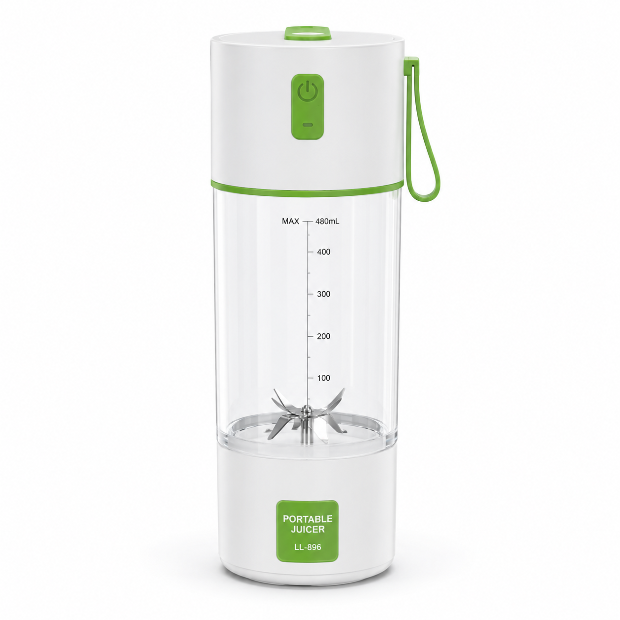 Portable USB rechargeable juicer blender with 480ml transparent blending cup, six stainless steel blades, white body with green accents, and carrying loop