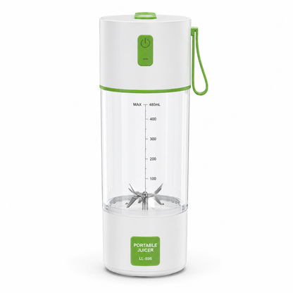 Portable USB rechargeable juicer blender with 480ml transparent blending cup, six stainless steel blades, white body with green accents, and carrying loop