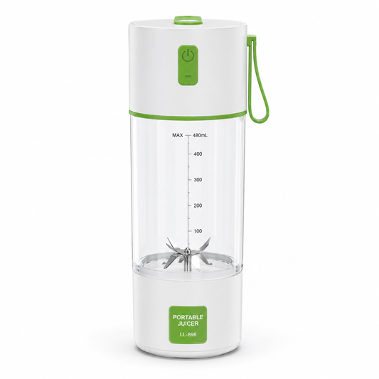Portable USB rechargeable juicer blender with 480ml transparent blending cup, six stainless steel blades, white body with green accents, and carrying loop