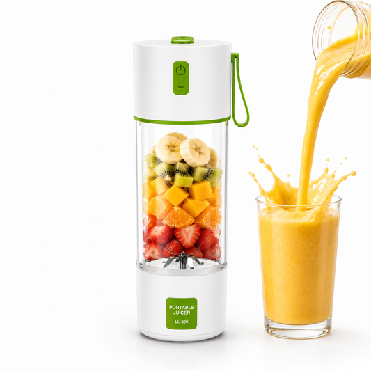 Portable 480ml USB rechargeable juicer blender filled with fresh strawberries, oranges, mango, kiwi, and banana beside a glass of freshly blended fruit smoothie
