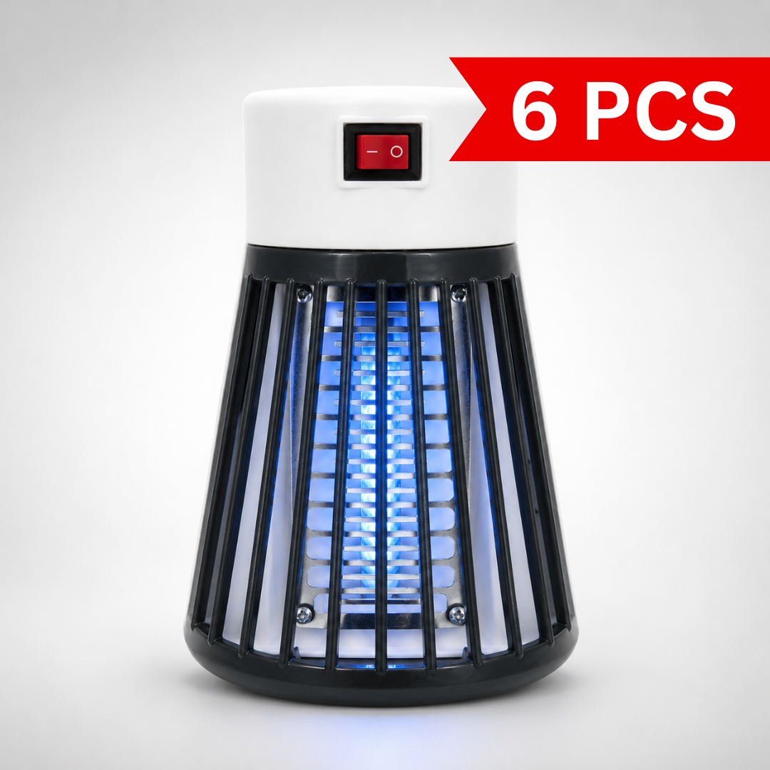 Mini UV Mosquito Killer Lamp front view with blue UV light, protective safety grill, and compact plug-in design