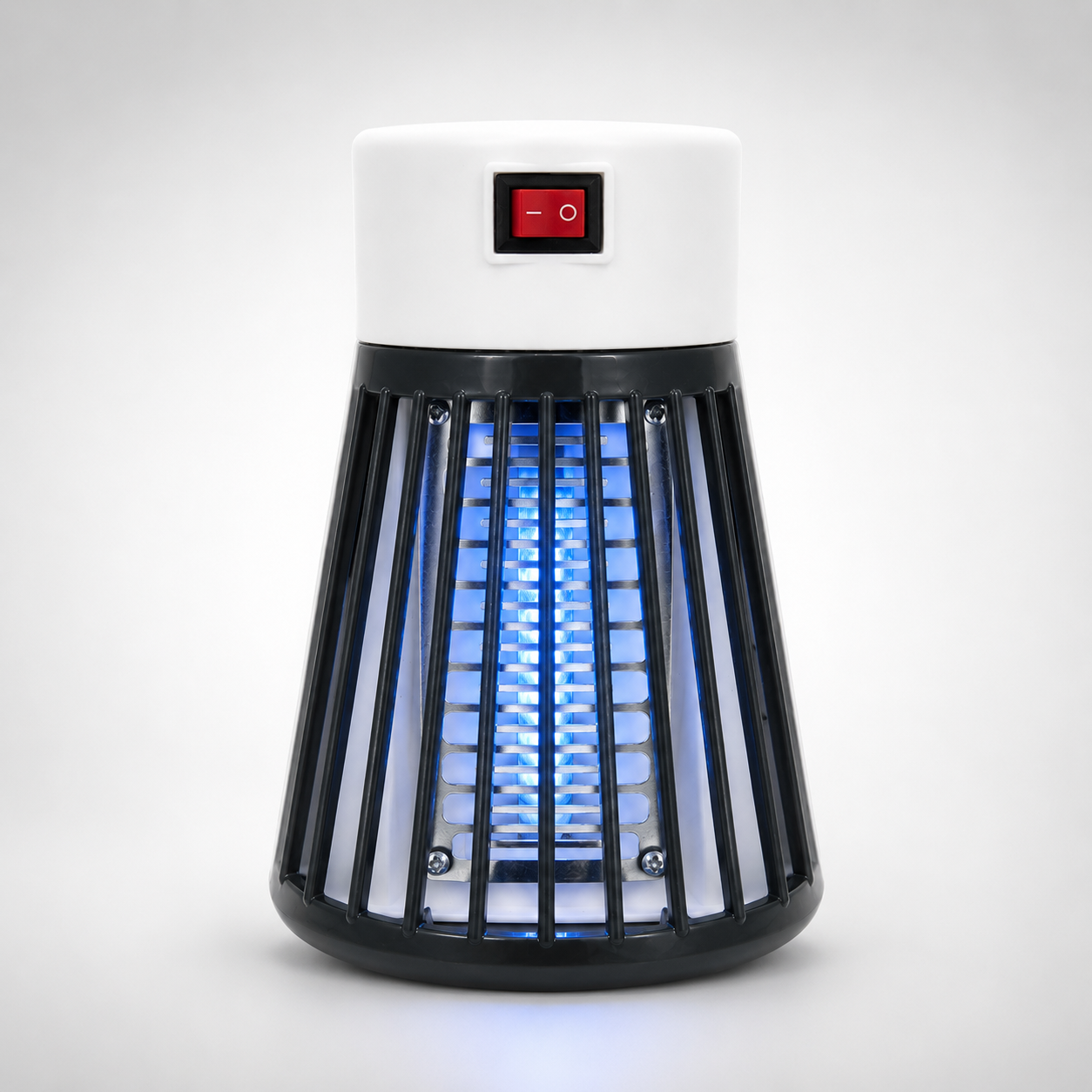 Mini UV Mosquito Killer Lamp front view with blue UV light, protective safety grill, and compact plug-in design on white background