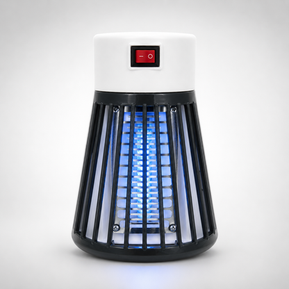 Mini UV Mosquito Killer Lamp front view with blue UV light, protective safety grill, and compact plug-in design on white background