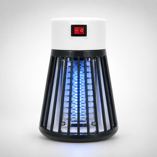Mini UV Mosquito Killer Lamp front view with blue UV light, protective safety grill, and compact plug-in design on white background