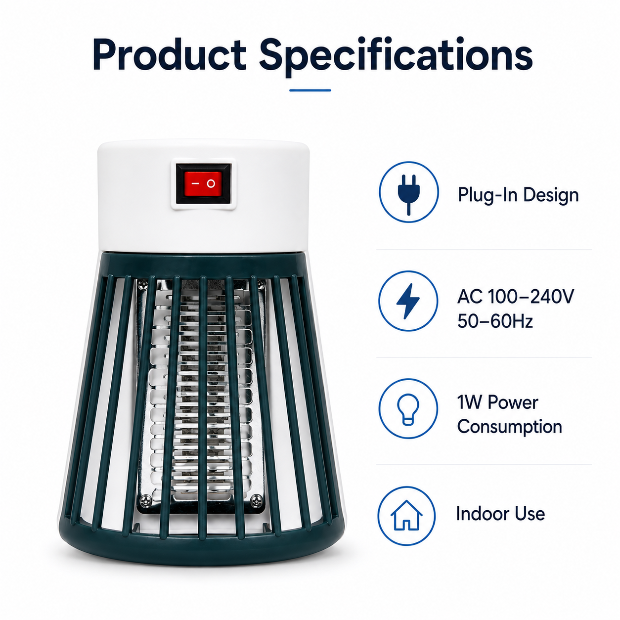 Mini UV Mosquito Killer Lamp specifications infographic showing plug-in design, AC 100-240V input, 1W power consumption, and indoor use features