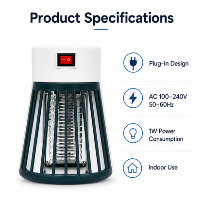 Mini UV Mosquito Killer Lamp specifications infographic showing plug-in design, AC 100-240V input, 1W power consumption, and indoor use features