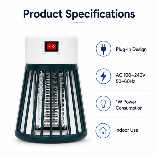 Mini UV Mosquito Killer Lamp specifications infographic showing plug-in design, AC 100-240V input, 1W power consumption, and indoor use features